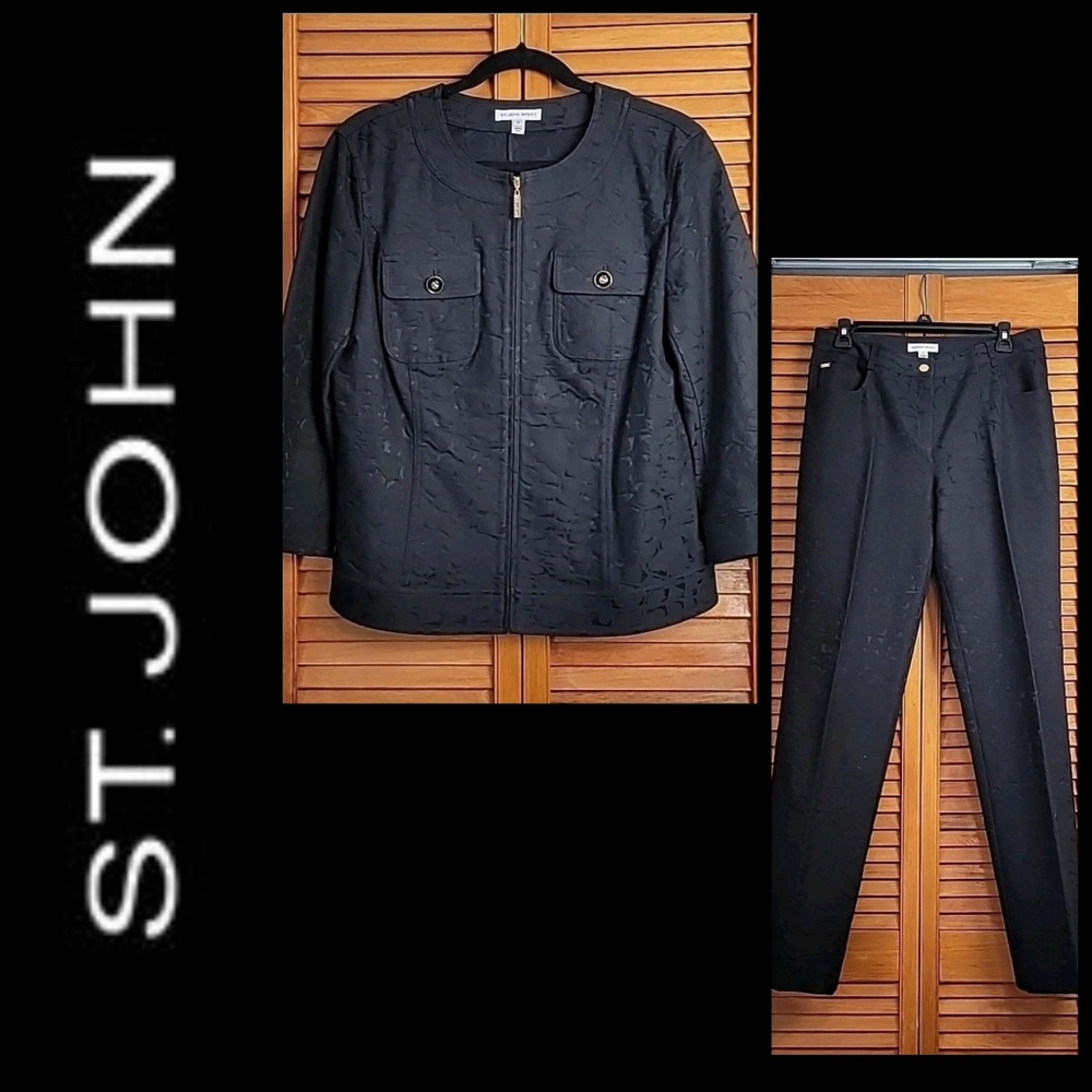 St John Sport Womens 2 Piece Blazer Jacket Pant Suit Black Textured Animal Print
